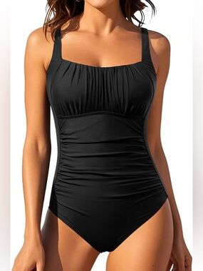 Aqua Eve Black One Piece Swimsuit Tummy Control Ruched Vintage SZ M NEW
